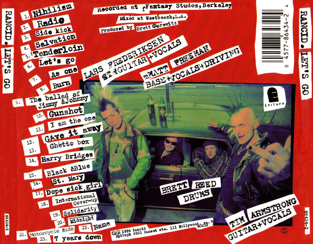 The back cover of Rancid’s “Let’s Go” album showing the band.